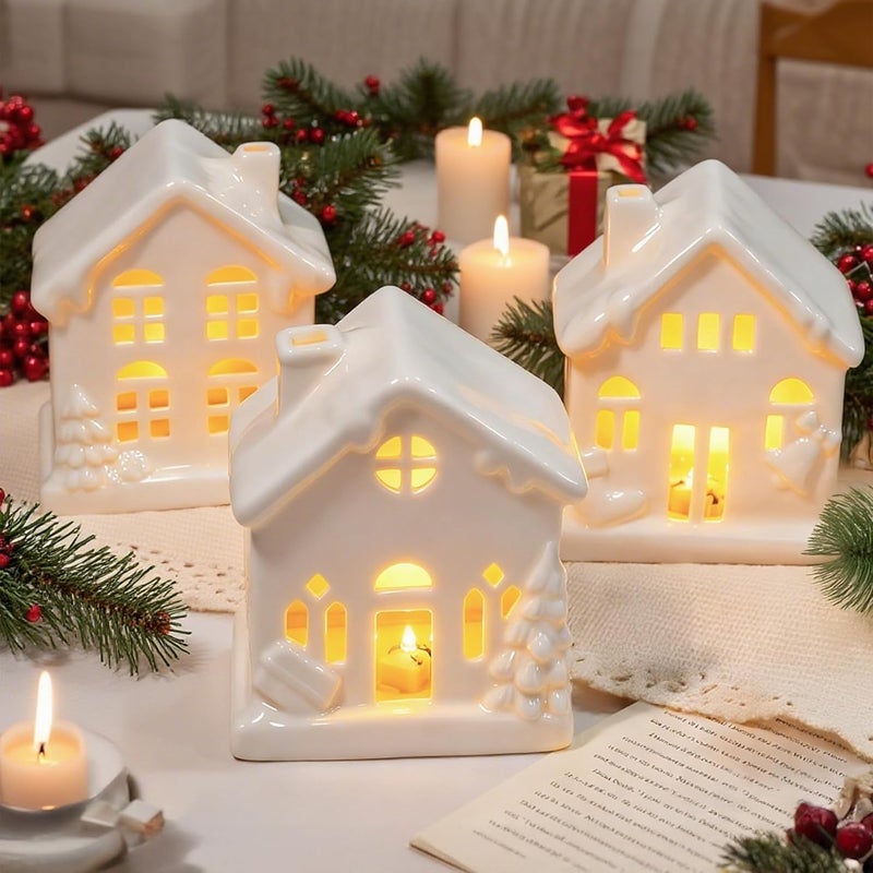 NEROSUN Ceramic Christmas Village Houses, 3Pcs LED Lighted Porcelain White Small House Tabletop Figurines, Light Up Christmas Decorations for Home Shelf Cabinet Table Winter Decor - Image 1